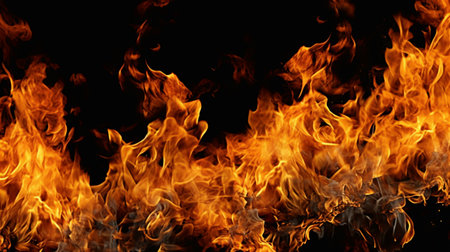 Fire flames on black background. Closeup of fire flames isolated on black background.の素材