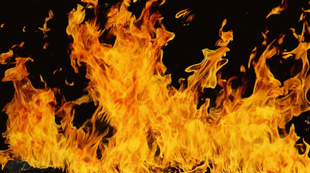 Fire flames on a black background. Texture of fire for design.の素材