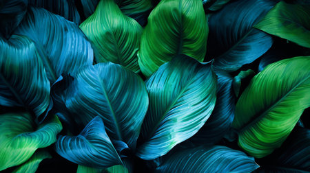 Tropical leaves background. Green and blue leaves texture background.の素材