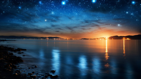 Beautiful night sky with stars and sea at the seaside.の素材