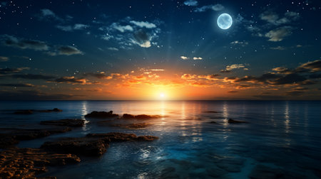 beautiful seascape with full moon in the night sky.の素材