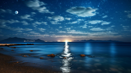 beautiful seascape at night with moon and stars in the skyの素材