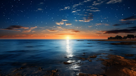 Dramatic sunset over the sea with clouds and stars. Nature composition.の素材