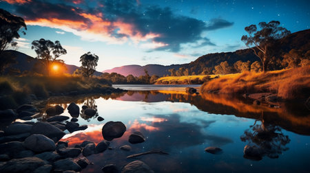 sunset over a lake in the mountains of australia with reflection in waterの素材