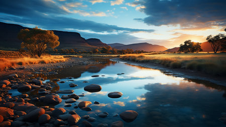 Sunset over the river at Glenorchy in the Scottish Highlandsの素材