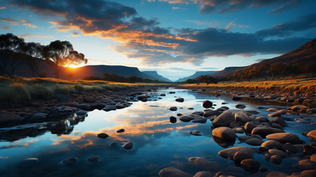 Beautiful sunset over a river in the Scottish Highlands, UK.の素材