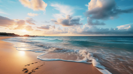 Beautiful sunset on the beach. Seascape with clouds and waves.の素材