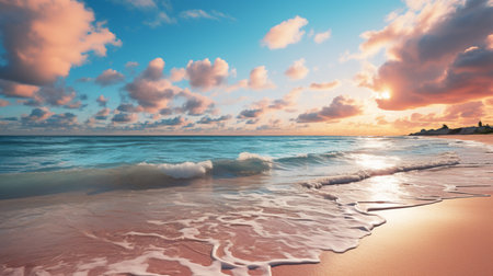 Beautiful seascape. Panoramic view of sandy beach at sunsetの素材