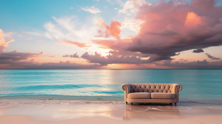 Sofa on the beach with sea and sky at sunset backgroundの素材