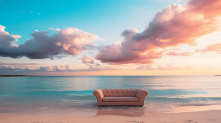 Sofa on the beach at sunset. 3d render.の素材
