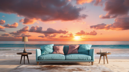 Sofa on the beach at sunset. 3d rendering.の素材