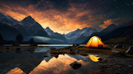 Camping in the mountains at night with a reflection in the waterの素材