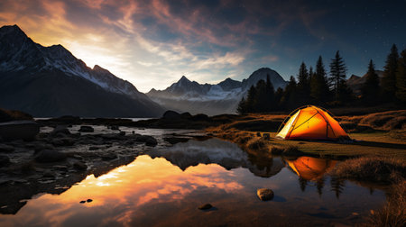 Camping in the mountains at sunset with reflection in the lake.の素材