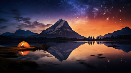 Night camping in the mountains with a tent in the foreground and reflection in the waterの素材