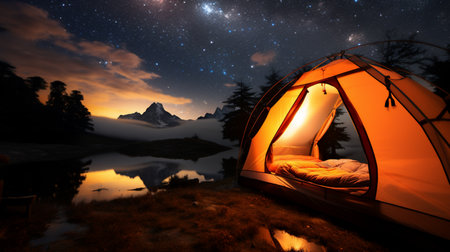 Camping tent in the mountains at night with beautiful starry skyの素材