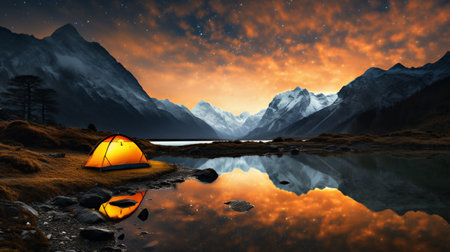 Camping on the lake in the mountains at night with reflection in waterの素材