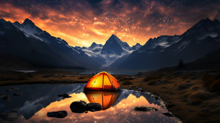 Camping in the mountains at night. 3D rendering. Computer digital drawing.の素材