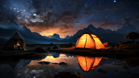 Camping in the mountains under the starry sky. 3D renderingの素材