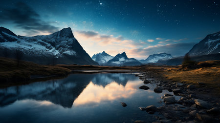 Fantastic panoramic view of mountains and lake at nightの素材