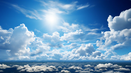 Blue sky with white clouds and sun. Panoramic view.の素材