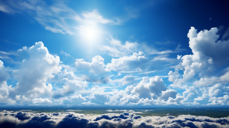 Blue sky with clouds and sun. Nature background. 3d renderの素材