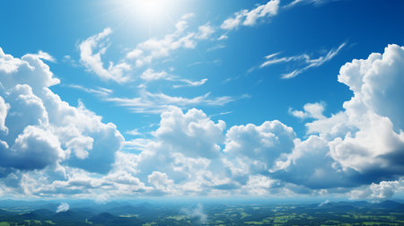 Blue sky background with clouds and sun. 3d render illustration.の素材
