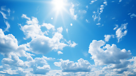 Blue sky background with tiny clouds and sun. 3d illustration.の素材
