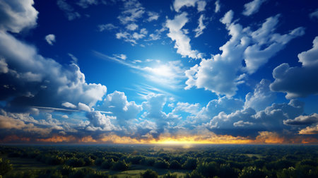 beautiful landscape with blue sky and white clouds, 3d renderの素材