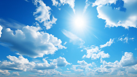 blue sky background with white clouds and sun. 3d illustration.の素材