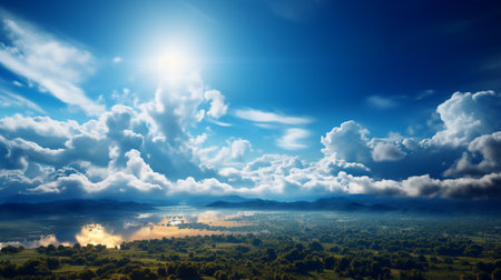 Landscape with blue sky, white clouds and sun. 3d renderingの素材