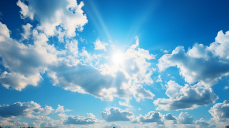 Blue sky with white clouds and sun. Panoramic background.の素材
