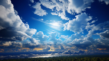 Blue sky with white clouds and sun rays. 3d render illustrationの素材