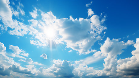 Blue sky background with tiny clouds and bright sun. 3d illustrationの素材