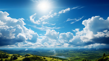 Landscape with blue sky, clouds and sun. Nature composition.の素材