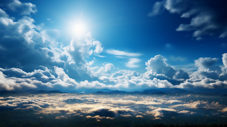 Beautiful cloudscape with blue sky and sun. Nature background.の素材