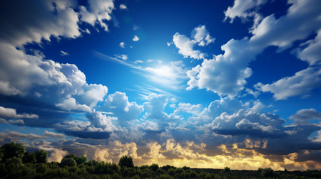 blue sky background with white clouds and sun rays, nature series.の素材