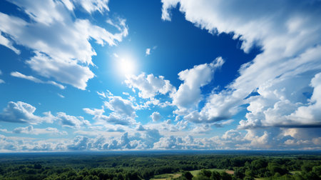blue sky with white clouds and sun. panoramic view.の素材