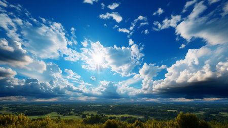 Beautiful landscape with clouds and sun on the blue sky background.の素材