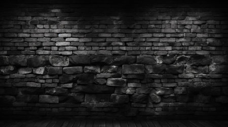 Black brick wall and wooden floor background. 3d render illustration.の素材