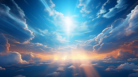 Beautiful sunset above clouds with rays of light. 3d renderingの素材