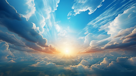 Beautiful sunset above the clouds. 3d render of sky backgroundの素材