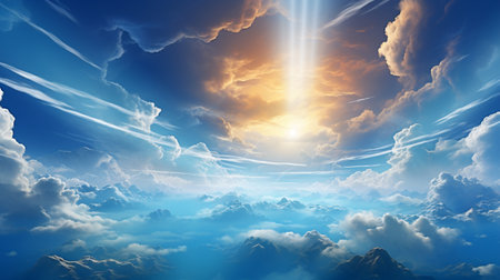 Blue sky background with clouds and sun. 3d render illustration.の素材