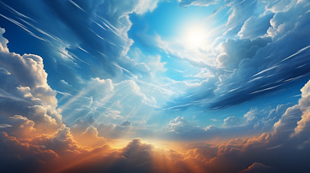 Sunset sky with clouds and rays of light. 3d illustrationの素材