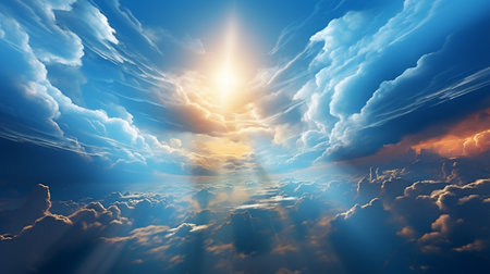 Beautiful cloudscape with sun rays and blue sky. 3d renderingの素材