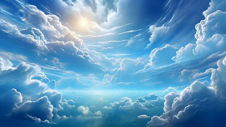 Blue sky background with white clouds and sun. 3d render illustrationの素材