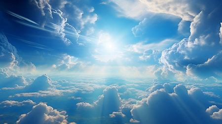 Beautiful cloudscape with blue sky and sun. 3d illustrationの素材