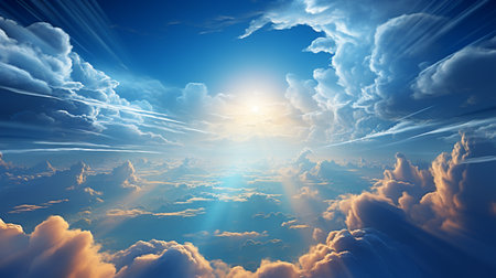 Beautiful sunrise above clouds with rays of light. 3d illustrationの素材