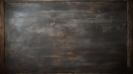 Old wooden background with blackboard. Top view. Copy space.の素材