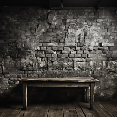 Old wooden table and brick wall in dark room. Toned.の素材