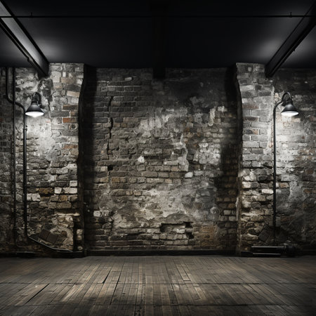 Interior of a dark room with brick wall and floor lamp.の素材